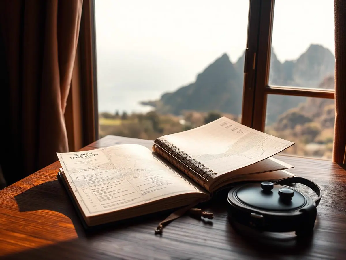 Traveler planning an itinerary with a leather journal by a window overlooking South African mountains